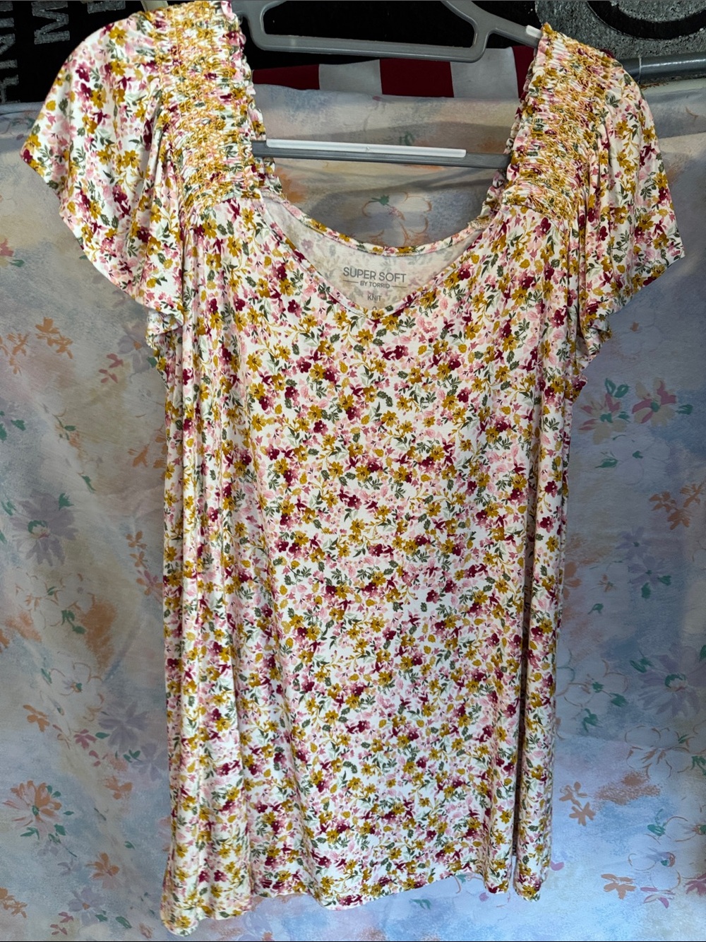 torrid White Floral Smocked-Neck Top with Pink & Yellow Flowers